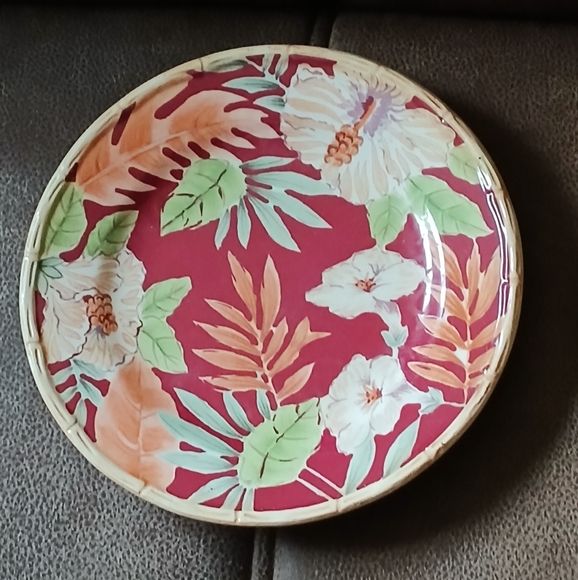Home Trends Tropical Floral Salad Plate Hibiscus And Bamboo Design Burgundy - Picture 1 of 4
